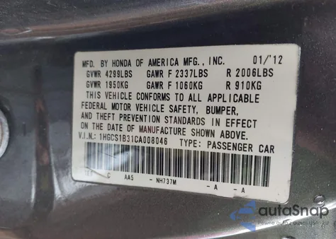 2012 Honda Accord 2.4 Lx-S from USA, damaged, VIN 1HGCS1B31CA008046